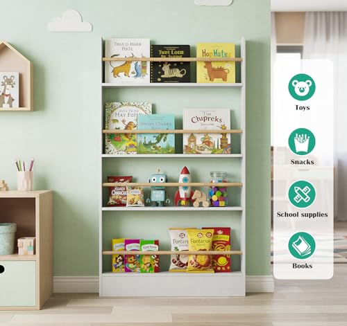 Image of 4 Tier Behind The Door Bookshelf, Space Saving Behind The Door Bookcase Wooden Kids Book Shelf for Bedroom Living Room Study White (120 * 70cm)