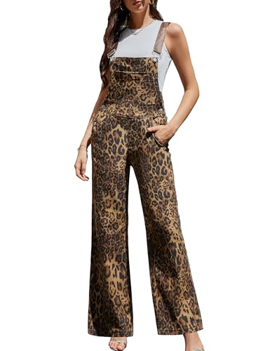 Odefou Leopard Print Overalls for Women Loose Fit Bib Coveralls Fashion Animal Jumpsuits Straight Leg Pants(Brown Leopard M)
