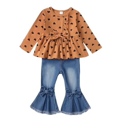 Toddler Girl Clothes Fall Winter Girl Outfit 3T 4T Girl Clothes Ruffle Long Sleeve Shirt Frayed Jeans Pants Denim Outfits Set Size 3 4 Year Old Cover