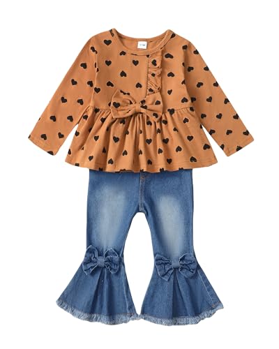Saeaby Baby Girl Clothes 12 18 Months Toddler Baby Girl Fall Winter Outfit Ruffle Heart Print Top Shirt Flare Denim Jeans Outfit Set For Girl 1 Year Old Brown cover