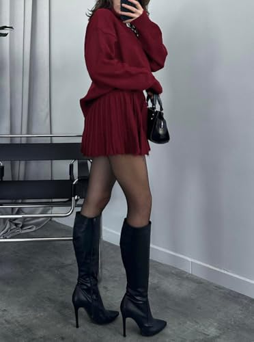 chouyatou Women's 2 Piece Sweater Skirt Sets Turtleneck Pullover Tops Mini Pleated Skirt Two Piece Knitted Outfits2