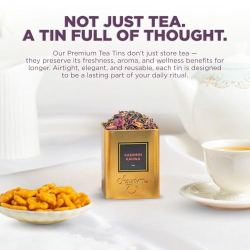 Image of CHAYAM Tea Gift Set with Infuser | 2 Loose Leaf Tins - Kashmiri Kahwa & Ginger Lemongrass (50g Each) | Soothing Green & Herbal Fusion | Tea Gift Pack for Tea Lovers | Wedding, Anniversary & Birthday Gift