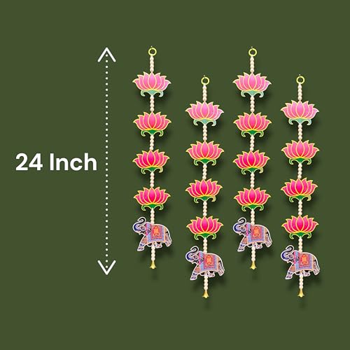Image of Rajasthan Kraft Pack of 4 Handmade MDF Lotus Decorative Hanging with Beads & Bell Traditional Door & Wall Decor for Makar Sankranti, Lohri, Wedding & Festive Home Decoration 24 x 4 Inch (RK-H-197-4)