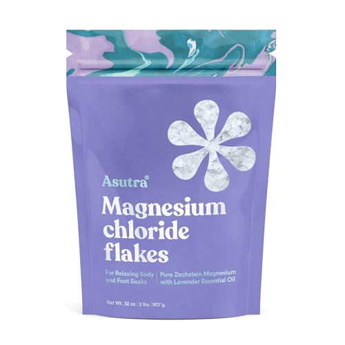 Asutra Lavender Magnesium Chloride Flakes for Bath, Pure Zechstein Source, Magnesium Flakes for Bath Soak, Foot & Body, 2 lbs