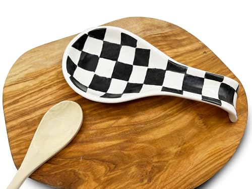 Image of Checkered Spoon Rest for Kitchen Counter - Cooking Spoon Holder for Stove Top - Large Utensil Spatula Spoon Rest - Cute Kitchen Gadgets Gift for Housewarmings - Distressed Checkerboard Black and White