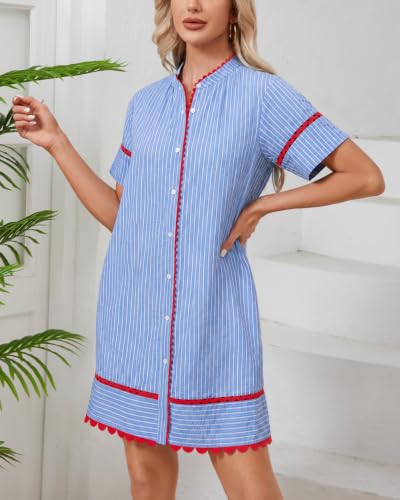 Image of Women's Summer Shirt Dress Short Sleeve Button Down Mini Tie Waist Belted Tunic with Pockets RIC Rac Trim