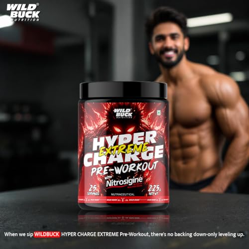 Image of Wild Buck Hyper Charge Extreme Pre-Workout with Nitrosigine - High Stim Energy, Pump, Strength & Focus | Energy Drink with- Beta-Alanine, L-Citrulline, Creatine, Caffeine, L-Theanine - Nitric Oxide Booster | Physical Performance for Gym or Sports [225g - 25 Servings, Strawberry Kiwi]
