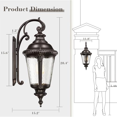 Image of Emliviar 28.4 inch Farmhouse Exterior Waterproof Wall Lantern, Oil Rubbed Bronze Outside Porch Sconce Lighting with Water Ripple Glass Shade for Garage and Patio, XE265B ORB-SW