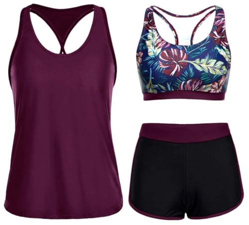 Yonique 3 Piece Athletic Tankini Swimsuits for Women with Shorts Swim Tank Tops with Sports Bra and Boyshorts Bathing Suits M Dark Purple