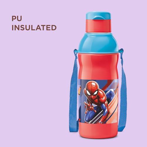 Image of Milton Marvel Kool Elite 600 Insulated Water Bottle for School Kids I Food Grade, Leak Proof Flip Top Lid, Easy to Carry Loop, Insulated Thermo Sipper Bottle for Kids, 492 ml, Red (Spider - Man print)