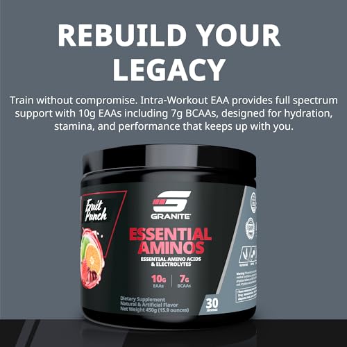 Image of Granite Essential Amino Acids Powder for Muscle Recovery and Growth with 10g EAAs and 7g BCAAs - Soy-Free, Gluten-Free, 448g (30 Servings), Fruit Punch Flavor