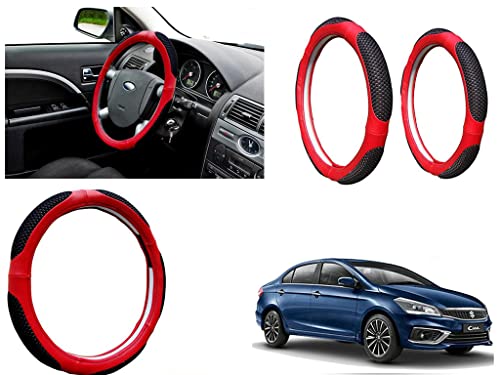 Image of Microfiber Car Steering Wheel Cover, Soft Padding Great Hand Feel, Anti-Slip, Faux Leather Steering Cover for Maruti Suzuki Ciaz 2018 | Black Red Jali - Pack of 1