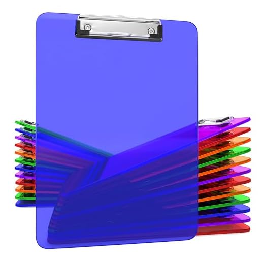 Kiggos 25 Pack Transparent Plastic Clipboards Colorful Clear Clip Boards with Low Profile Metal 12.5 x 9 Inch Letter Size Bulk Class Set Colored Acrylic Hanging Hook - Holds 100 Sheets