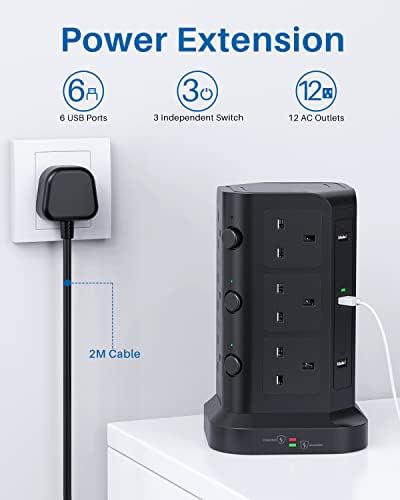 Tower Extension Lead by KOOSLA, [13A 3250W] Surge Protector - 12 AC Outlets & 6 USB Ports Multi Plug Socket Power Strip with Heavy-Duty Extension Cable 2m for Home, Office Black
