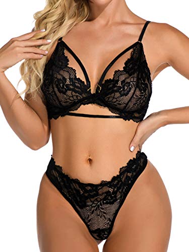 Kaei&Shi Sexy Lingerie For Women,Floral Lace Lingerie Set,Two Piece Sheer Matching Bra And Panty Set Valentines Day Plus Size Black X-Large