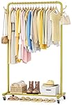 HOMIDEC Clothes Rail, Metal Clothes Rack with 4 Side Hooks, Bottom Storage Shelf and Wheels, Heavy-Duty Clothing Rail Holds Up to 40kg, Clothes Rails for Bedroom, Hallway, Clothing Stores, Golden