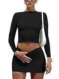 LAGSHIAN Women Sexy 2 Piece Outfits Long Sleeve Crop Top Bodycon Mini Skirt Club Suits Dress Black