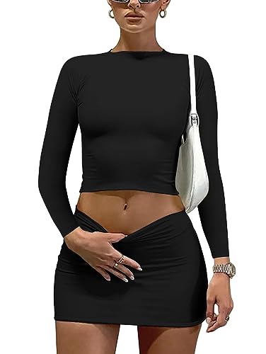 LAGSHIAN Women Sexy 2 Piece Outfits Long Sleeve Crop Top Bodycon Mini Skirt Club Suits Dress