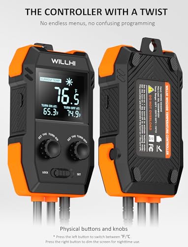 WILLHI WH2408 Temperature Controller 10A 1200W, Digital Thermostat Controlled Outlet Plug Switch for Reptile Terrarium Greenhouse Homebrew Aquarium Seedling Mat, Heating or Cooling Mode (Pack of 1)