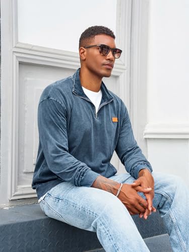 Yousify Mens Distressed Quarter Zip Casual Sweatshirts Long Sleeve Stand Collar Lightweight Cotton Fall Pullover with Pockets3