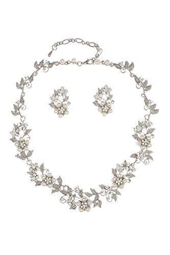 SAMKY Flower Leaf Bridal Prom Pearl Crystal Choker Necklace Earrings Set N336
