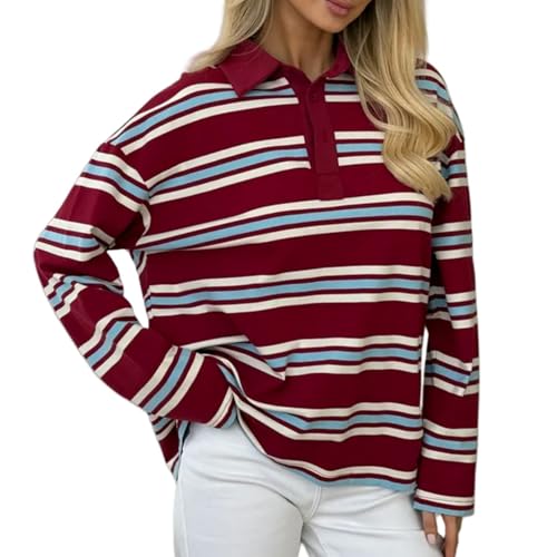 Perbai Women's Rugby Striped Polo Shirt Casual Collared V Neck Button Long Sleeve Y2k Sweatshirt 90s Streetwear