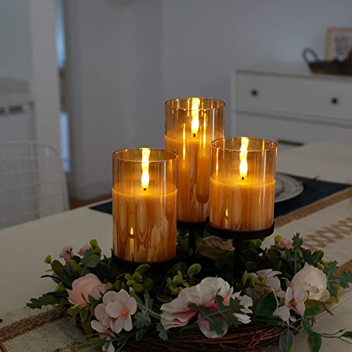Image of Amagic Gold Glass Flameless Candles Battery Operated with Timer, Remote Control, Flickering LED Fake Pillar Candles for Fall Decoration, Christmas Thanksgiving Decor, Amber, Set of 3