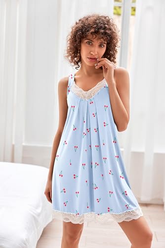 Ekouaer Damen Nachthemd Ärmellos Chemise Nachtwäsche Sexy Lose Full Slips Spitze Negligee V-Ausschnitt Nachtwäsche Soft Jersey Dessous Blau Kirsche M 3