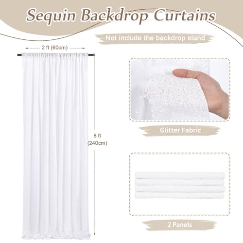 Image of White Sequin Backdrop Curtains-4 Panels 2FTx8FT White Backdrop for Valentines Day, Glitter Party Decorations Background Drapes for Wedding Birthday Anniversary Graduation Photo Booth Decor