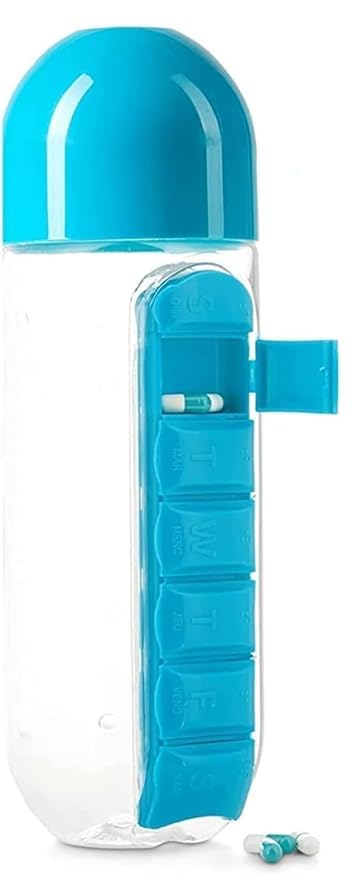Polycarbonate Water Bottle Portable Pill Insertion Organizer Water Bottle With Built-In Daily Vitamin Holder Supplement Organizer Case (Multicolored), 600 ML-image-49