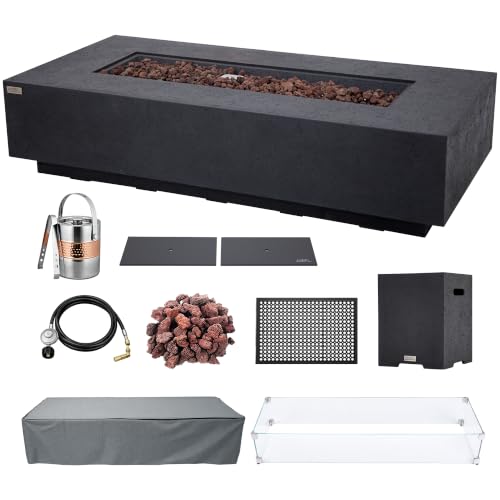 Image of AMS Creations | Savanah 72 inch Bundle Rectangular Cast Concrete Propane Gas Fire Pit Table | Dark Gray | Travertine Texture Surface | Electronic Ignition | Outdoor Patio Heater Outside Backyard Fireplace