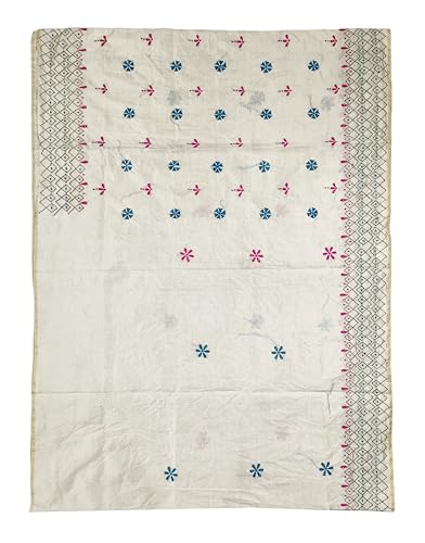 Image of SHRISTI CLOTHINGS Women's Hand Embroidered Cotton Silk Kantha Stitch Saree with Blouse Piece (SB4200924 OFFWHITED92)