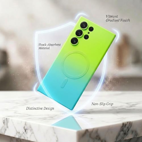 Image of amazon basics Gradient Mag-Safe Case for Samsung Galaxy S22 Ultra | Soft Silicone Shockproof Cover with Camera Protection | Slim Lightweight Design | Smooth Touch & Durable - Green & Blue