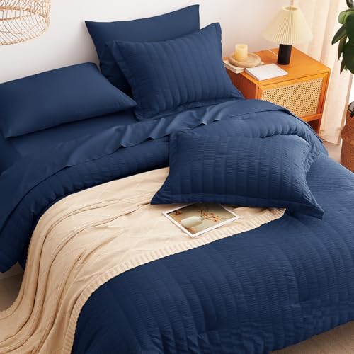 Image of CozyLux Full Size Comforter Sets Navy Blue, 7 Pieces Seersucker Textured Luxury Bed in a Bag, All Season Soft Bedding Sets with Down Alternative Comforter, Sheets, Pillowcases & Shams, Bedroom Bed Set