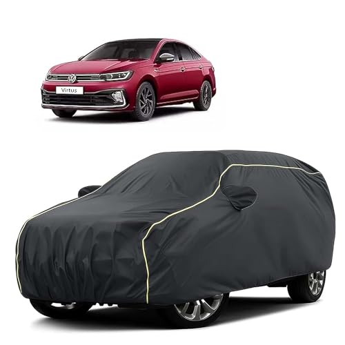 Image of Sulfar 100% Water Resistant Car Body Cover Compatible with Mirror for Volkswagen Virtus (Triple Stitched, Full Bottom Elastic, Dark Grey Tafetta with Yellow Piping)