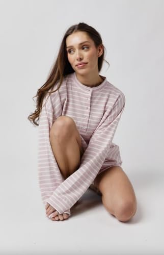 Image of Almere Oversized Cotton Henley Longsleeve Tee, Striped Button Down, Boyfriend Fit
