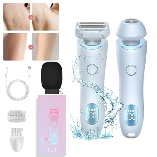 Razyo Smoothshaveカミソリ、女性用スムースシェーバーカミソリ、デュアルヘッドシェーバー女性用、2イン1電気シェーバーカミソリ、脇の下の脚、顔の毛のための防水ウェット&ドライ使用(ブルー)
