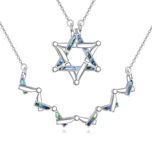 AXELUNA Star of David Necklace Sterling Silver Abalone Shell Butterfly Folding Hexagram Pendant Necklace Jewellery for Women Men