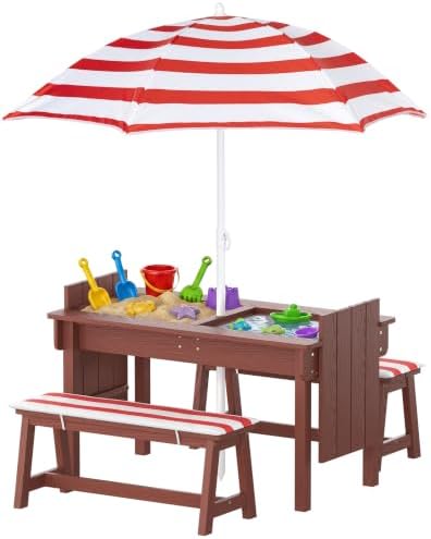 BRINJOY Kids Picnic Table with Umbrella, Outdoor Wooden Table & Bench Set w/Cushions & 2 Removable Boxes, 4-in-1 Children Sand and Water Table Activities Furniture for Patio, Garden, Indoor Outdoor