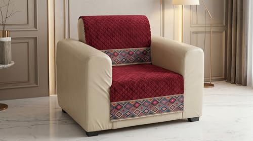 Image of KINGLY Sofa Cover 1 Seater Fully Covered | Stretchable Anti-Slip Slipcover | Washable Furniture Protector | Maroon | Seat & Back | Set of 2Pc