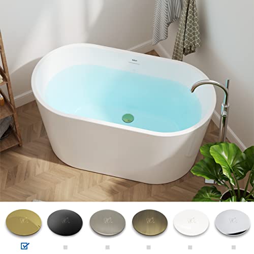 Ferdy Shangri-La 47" Acrylic Freestanding Bathtub, Small Classic Oval Shape Acrylic Soaking Bathtub With Polished Gold Drain & Minimalist Linear Design Overflow, Modern White, Cupc Certified #TOP2