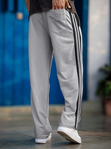 Image of Men's Track Pants with White Side Stripes | 4-Way Lycra Twill Polyester Straight Relaxed Fit Joggers | Mid-Rise Flexi Waist Lounge Bottoms
