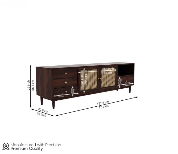 Image of Premium Solid Wood, 10 Minutes Assembly (Legs Only), Aesthetic Rattan Doors, Mid Century Entertainment Center for Living Room, TV Stand for 65 inch TV, Dark Chocolate (Walnut TK-26)