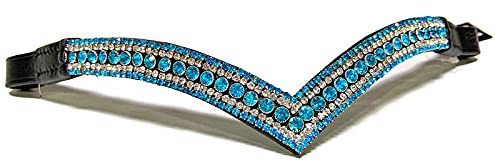 Countrypride Equipride Beautiful V Shape Bling Crystal Browband Sparkly 5 Row Turquoise/Clear (Brown Leather, Cob (15"))