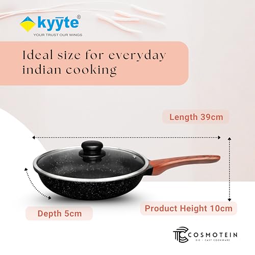 Image of kyyte CosmoTein Die Cast Non Stick Fry Pan with Glass Lid 20 cm Dia,Pasta,Saute Pan,Nonstick Fry Pan with 5 Layer Coating,Gas &Induction Stove Friendly,Dishwasher Safe,PFOA&PFOS Free, Safe&Toxic-Free.