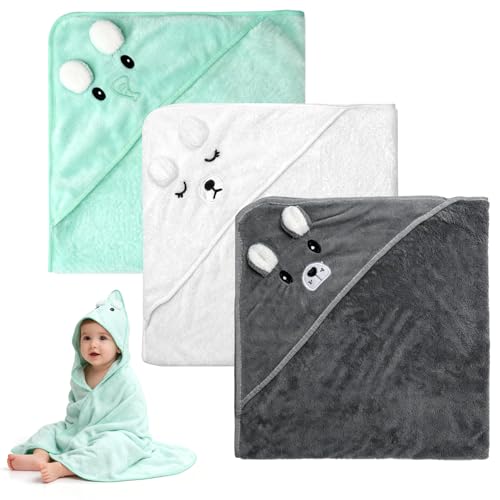 VOSSOT 3 Piezas Toallas de Baño con Capucha, 80 x 80 cm Toalla de Baño con Capucha para Bebé, Toalla Bebe Regalo Recien Nacido Niño Toallas Bebe con Capucha de Animales 0-3 Años Capa de Baño Bebé
