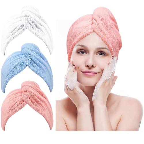 Toallas para el Cabello 3 Piezas Toallas de Pelo Turbante 65 * 25cm Gorro de Pelo Seco Superabsorbente Secado Rápido para el Cabello Mojado Toallas de Ducha con Botones
