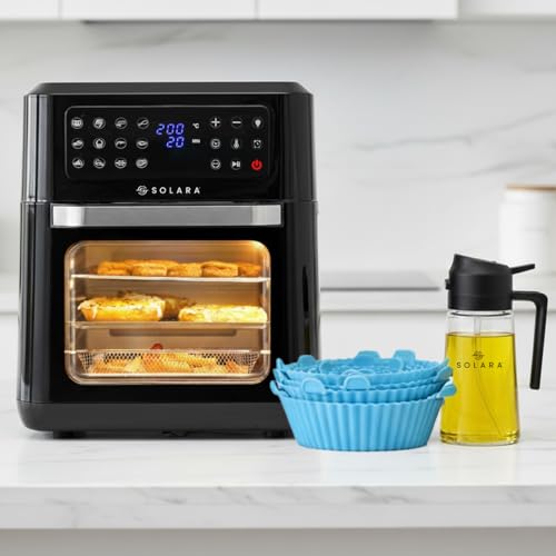 SOLARA 12L Air Fryer Oven with 9 Accessories, 500ml 2-in-1 Glass Oil Sprayer & Pack of 6 Reusable Silicone Basket Liners Combo Pack, 12 Preset menus, 