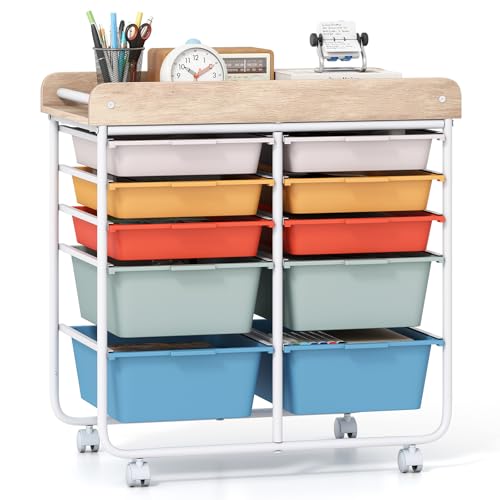 Giantex Rolling Storage Cart with 10 Drawers, Utility Cart w/Wooden Tabletop, Handle, Lockable Wheels, Multipurpose Organizer for Art Craft Scrapbooks Paper, Drawer Carts for School Office, Macaron