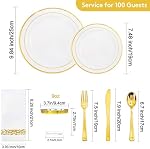 700 Piece Dinnerware Set for Wedding & Party,100 Guest RimPlastic Plates,100 Plastic Silverware,100 Cups,100 Linen Like Napkins (Gold) (Gold)